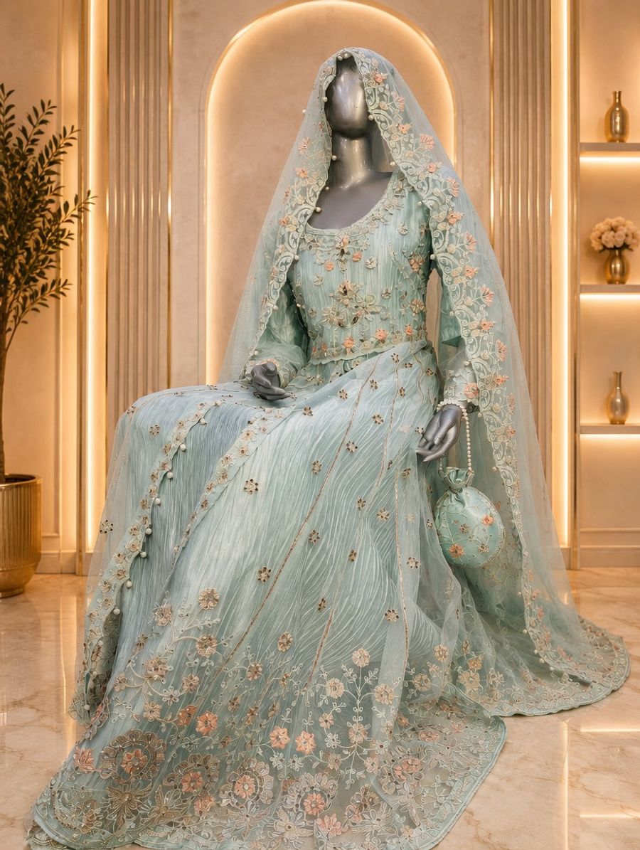 Pastel Mint Green Heavy Embroidered Bridal Gown with Dupatta & Potli — Bridal by Bawany Threads & Style