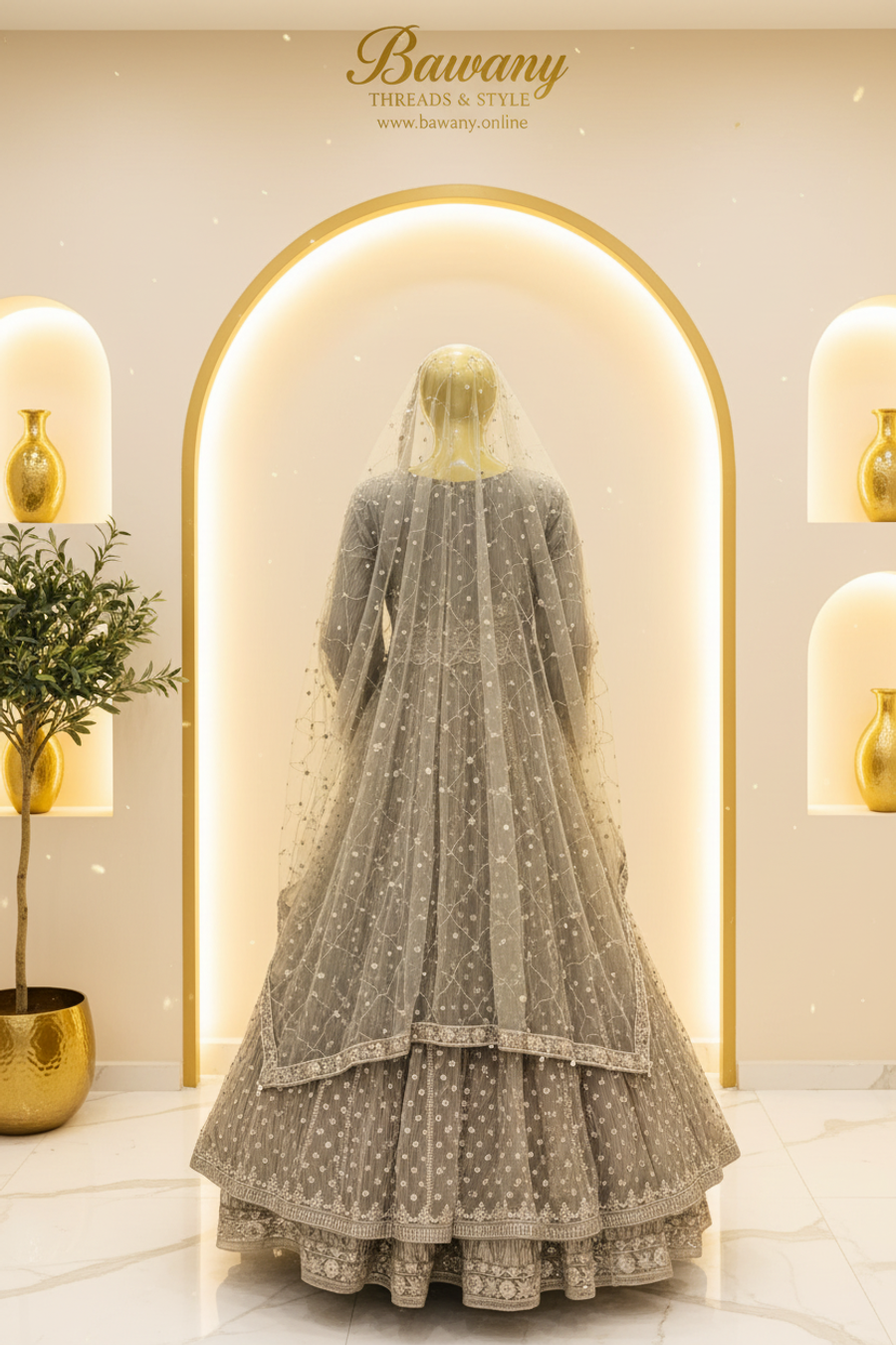Silver Grey Bridal Anarkali Gown | Daisy Motif Skirt & Tassel Placket & Double Hem Border | 2-Piece Pakistani Bridal Wear | Sage Grey Wedding Gown | Dense Floral Vine Bodice | Matching Grey Dupatta | Walima & Nikah Collection — view 4 — Formals by Bawany Threads & Style