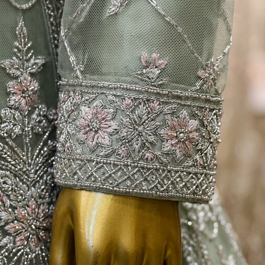 Sage Green Silver Bloom | Floral Embroidery & Scalloped Hem | Pakistani Formal Open-Front Gown | Sheer Dupatta & Matching Potli | BAWANY Collection — view 3 — Formals by Bawany Threads & Style