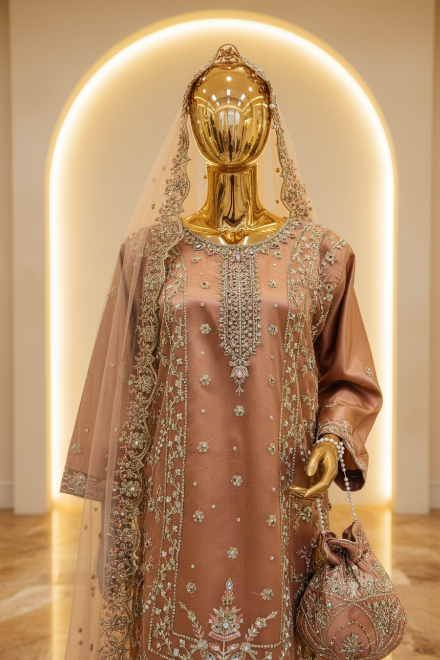 Copper Rose Gold Zardozi Gharara Set with Champagne Dupatta & Potli Bag — view 2 — Bridal by Bawany Threads & Style
