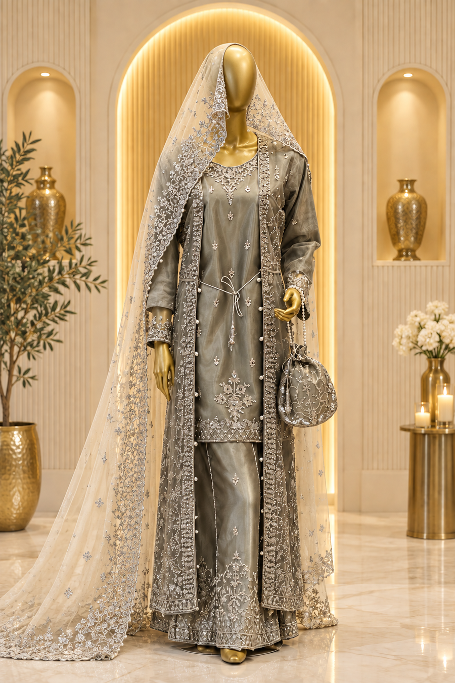 Smoky Olive Grey Formal Ensemble | Silver-Embroidered Open Jacket & Kameez | Pakistani Formal Wear | Ivory-Gold Veil & Matching Potli | Formal Collection — view 2 — Tissue by Bawany Threads & Style