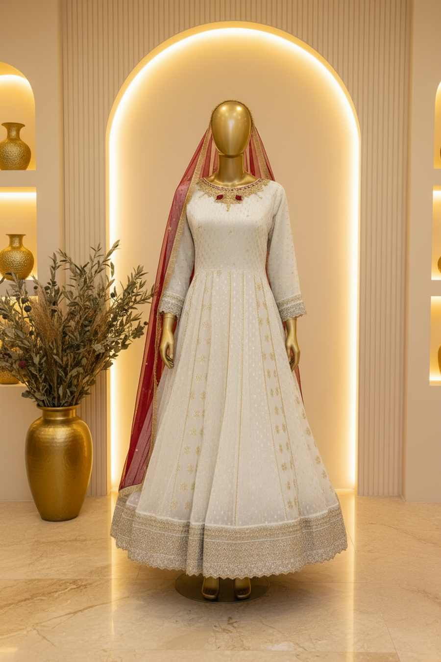 Pearl White Gold Tilla Anarkali Gown with Crimson Red Dupatta — Bridal by Bawany Threads & Style
