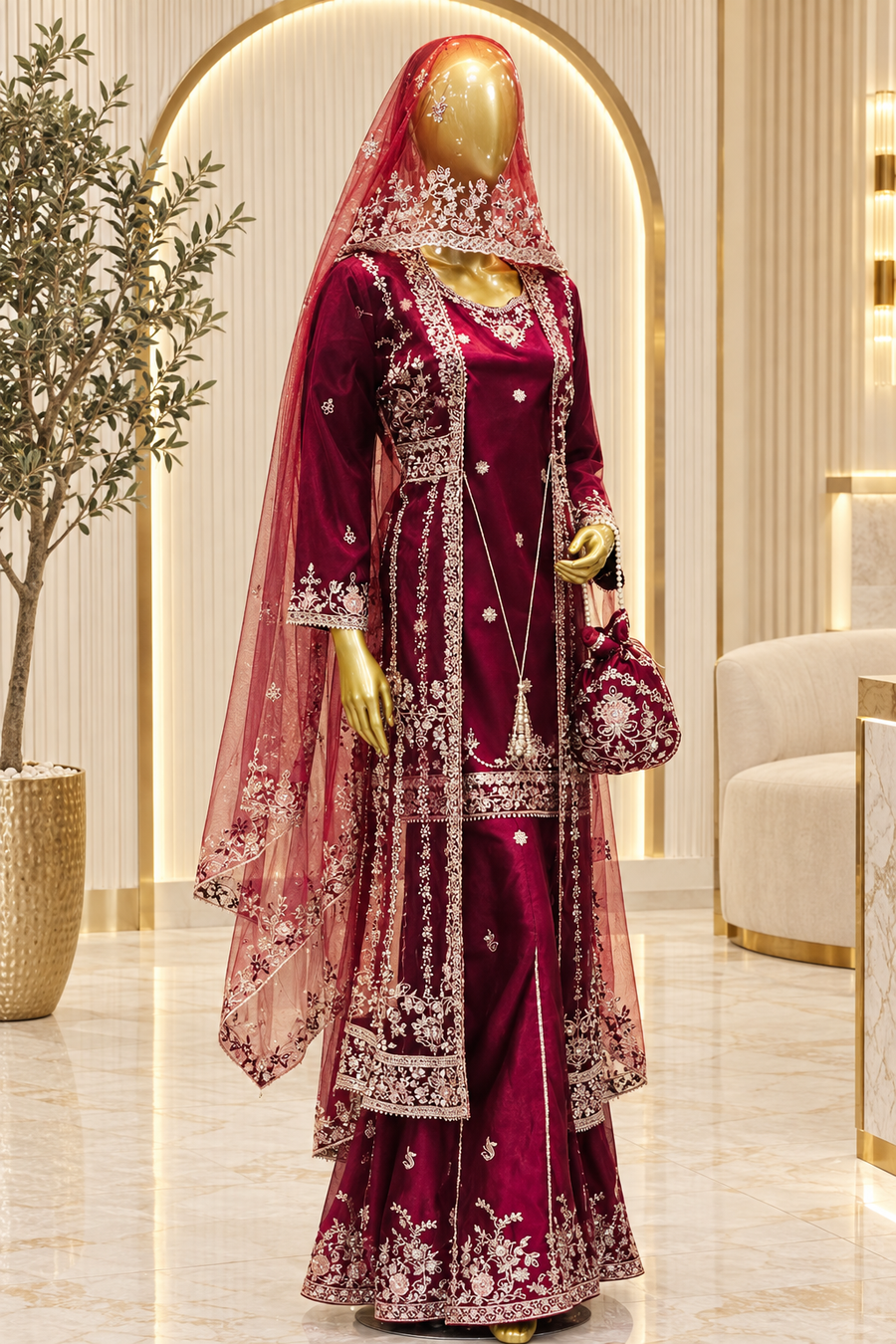 Deep Maroon Royal Bloom | Metallic Floral Embroidery & Long Overlay | Pakistani Formal Ensemble | Sheer Dupatta & Matching Potli | BAWANY Collection — view 2 — Organza by Bawany Threads & Style