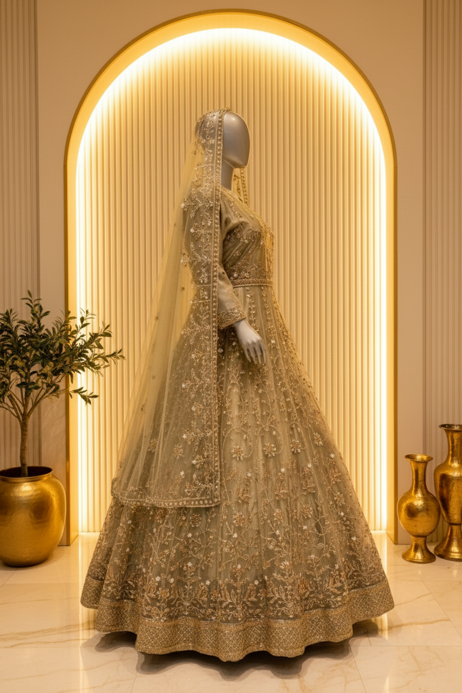 Sage Green Net Anarkali Gown | Gold Silver Sequin Embroidery with Veil — view 2 — Bridal by Bawany Threads & Style