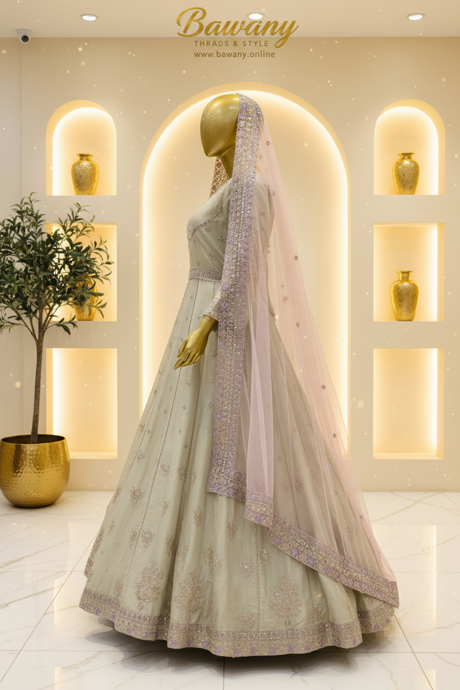 Sage Green Bridal Anarkali Frock | Square Neckline Lavender Border & Vertical Silver Lines & Scattered Fleur-de-lis Motifs | 2-Piece Pakistani Bridal Wear | Pale Olive Green Wedding Frock | Blush Pink Dupatta | Silver Lavender Zardozi | Nikah & Walima Collection — view 2 — Organza by Bawany Threads & Style