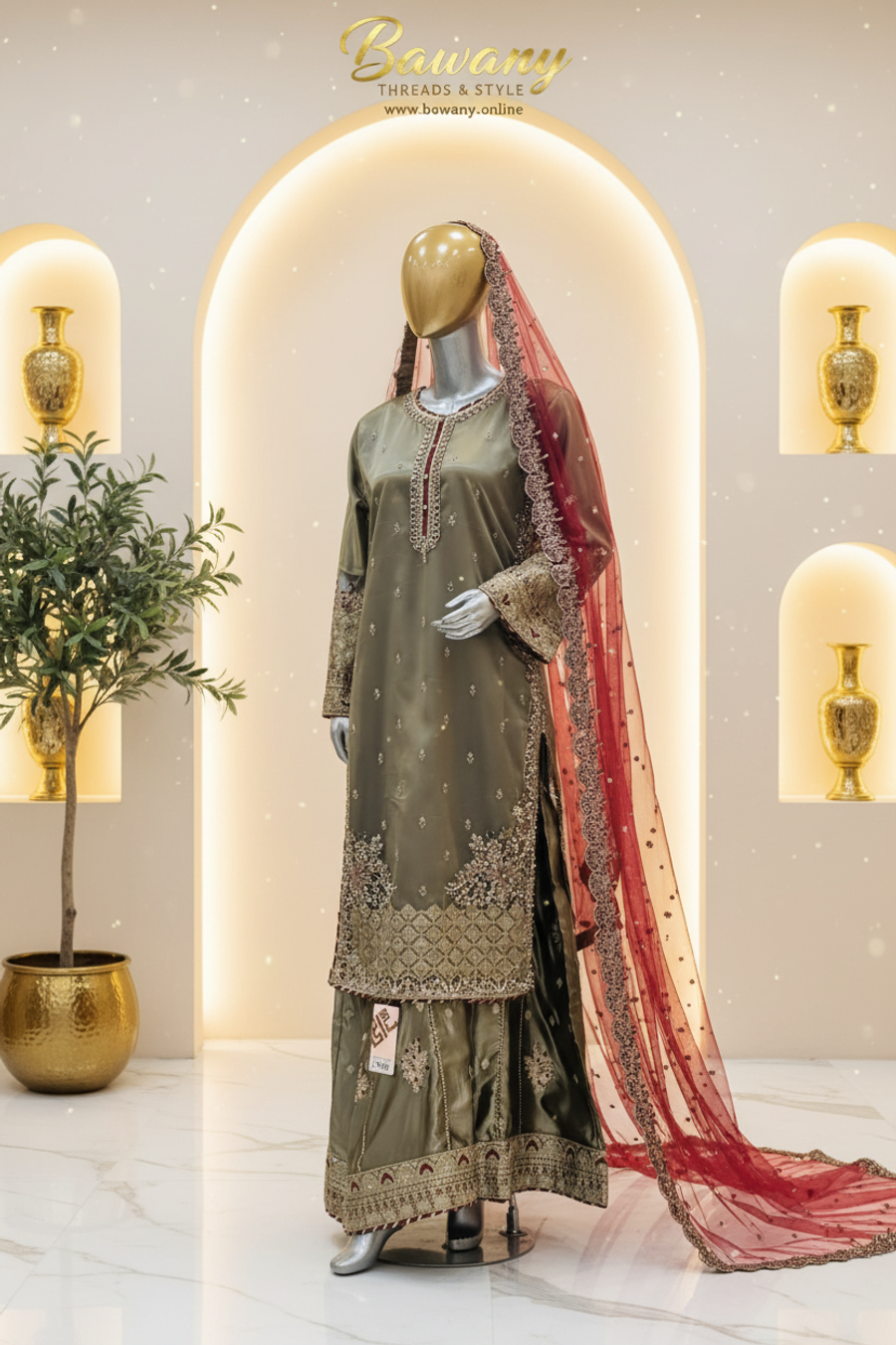 Olive Green Bridal Sharara Set | Fleur-de-Lis Motifs & Diamond Lattice Zardozi Borders | 3-Piece Pakistani Bridal Wear | Khaki Green Wedding Sharara | Contrasting Maroon Dupatta | Walima & Nikah Collection — view 2 — Chiffon by Bawany Threads & Style