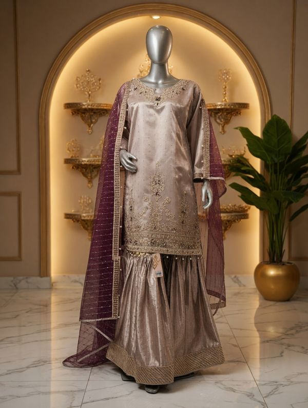Beige Heavy Embroidered Sharara Suit with Purple Net Dupatta — Bridal by Bawany Threads & Style