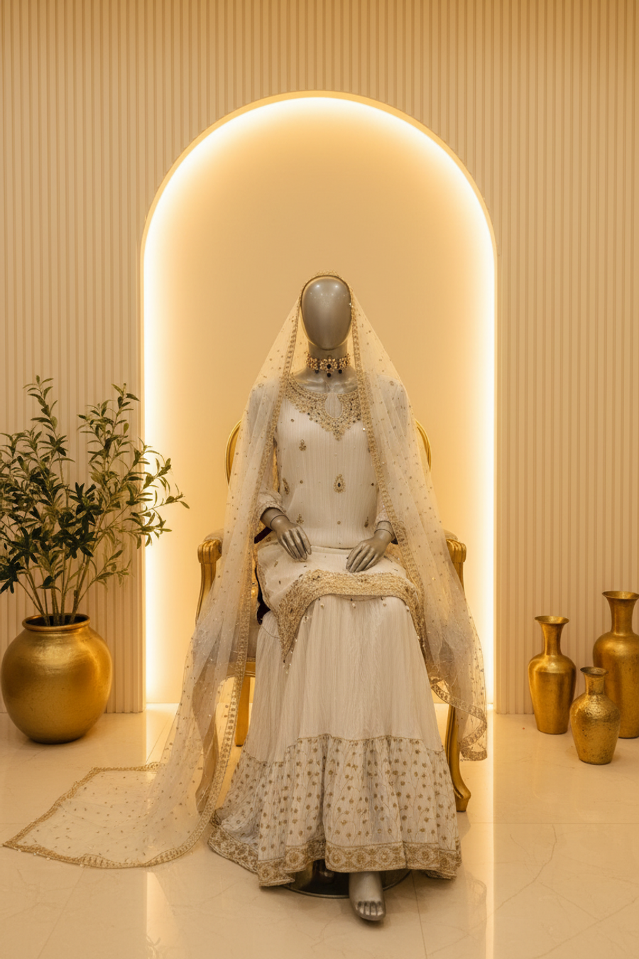 Ice White Gold & Black Stone Embroidered Bridal Sharara Set | Nikah & Walima — view 3 — Bridal by Bawany Threads & Style