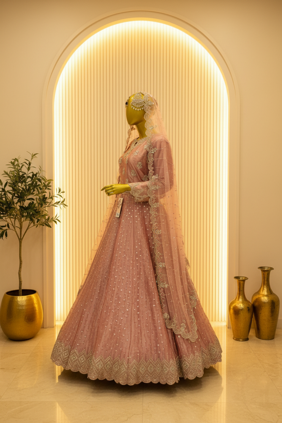Dusty Rose Mauve Silk Anarkali Gown | Silver Crystal Booti & Jewellery Veil — view 2 — Bridal by Bawany Threads & Style