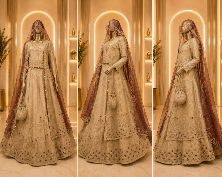 Luxury Net Pishwas with Maroon Dupatta — view 2 — Net by Bawany Threads & Style