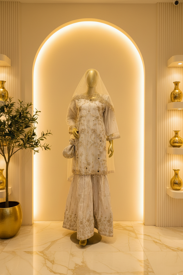 White Ivory Heavy Silver Embroidered Bridal Gharara Set | Nikah & Walima — Bridal by Bawany Threads & Style