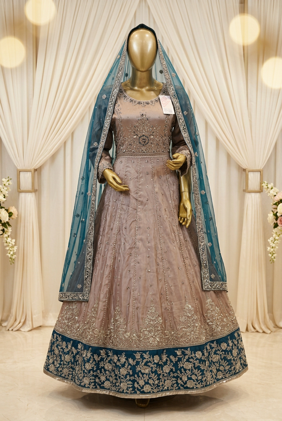 Taupe Champagne Teal Majesty | Floral Embroidery & Teal Statement Border | Pakistani Formal Flared Gown | Sheer Teal Dupatta | BAWANY Collection — view 2 — Organza by Bawany Threads & Style