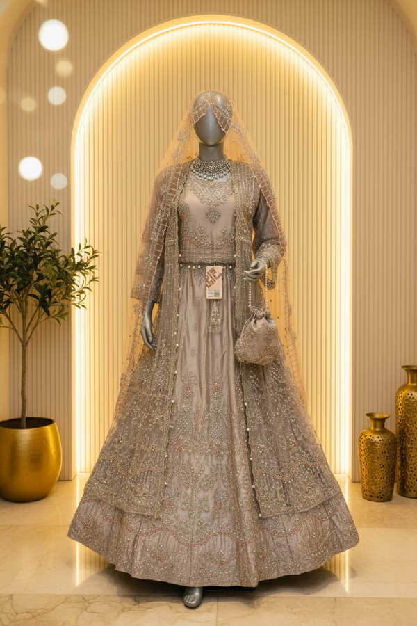 Silver Grey Net Lehenga Set with Embroidered Jacket | Pearl Tassel Belt & Potli Bag — Bridal by Bawany Threads & Style