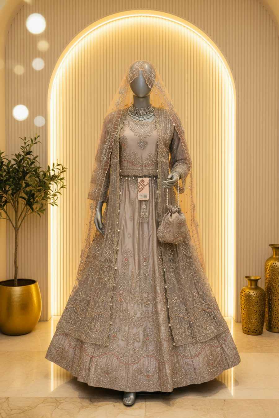 Silver Grey Net Lehenga Set with Embroidered Jacket | Pearl Tassel Belt & Potli Bag — Bridal by Bawany Threads & Style