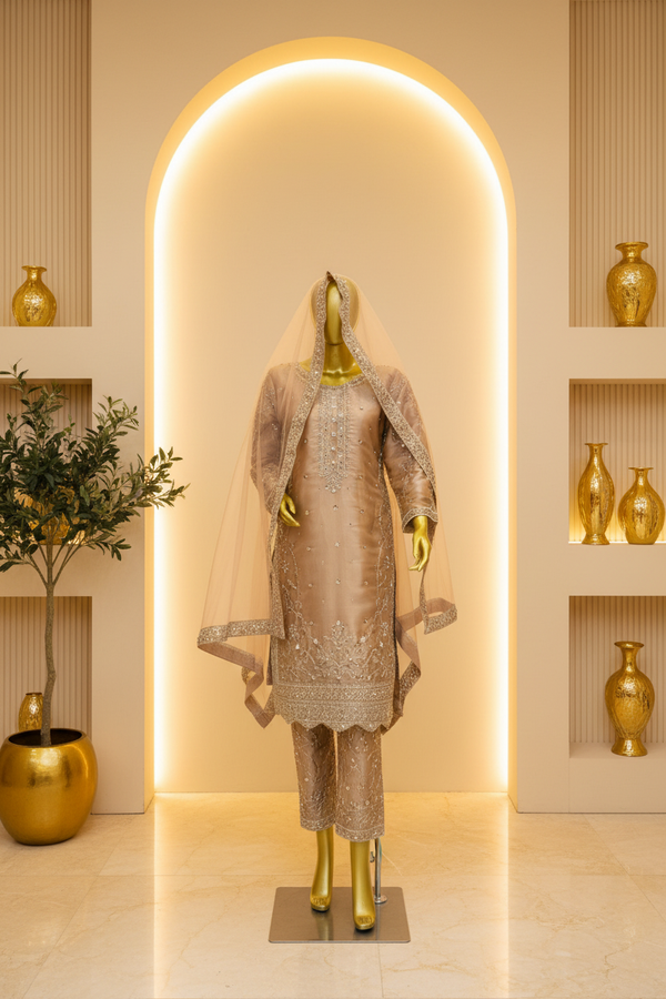 Champagne Rose Gold Silk Organza Bridal Suit | Gold Silver Embroidery with Dupatta — Bridal by Bawany Threads & Style