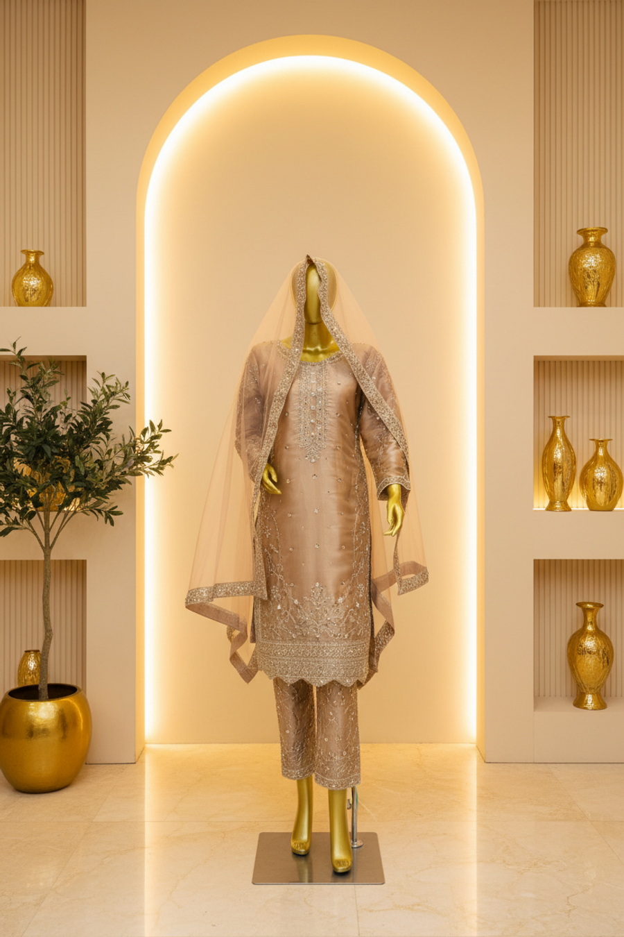 Champagne Rose Gold Silk Organza Bridal Suit | Gold Silver Embroidery with Dupatta — Bridal by Bawany Threads & Style