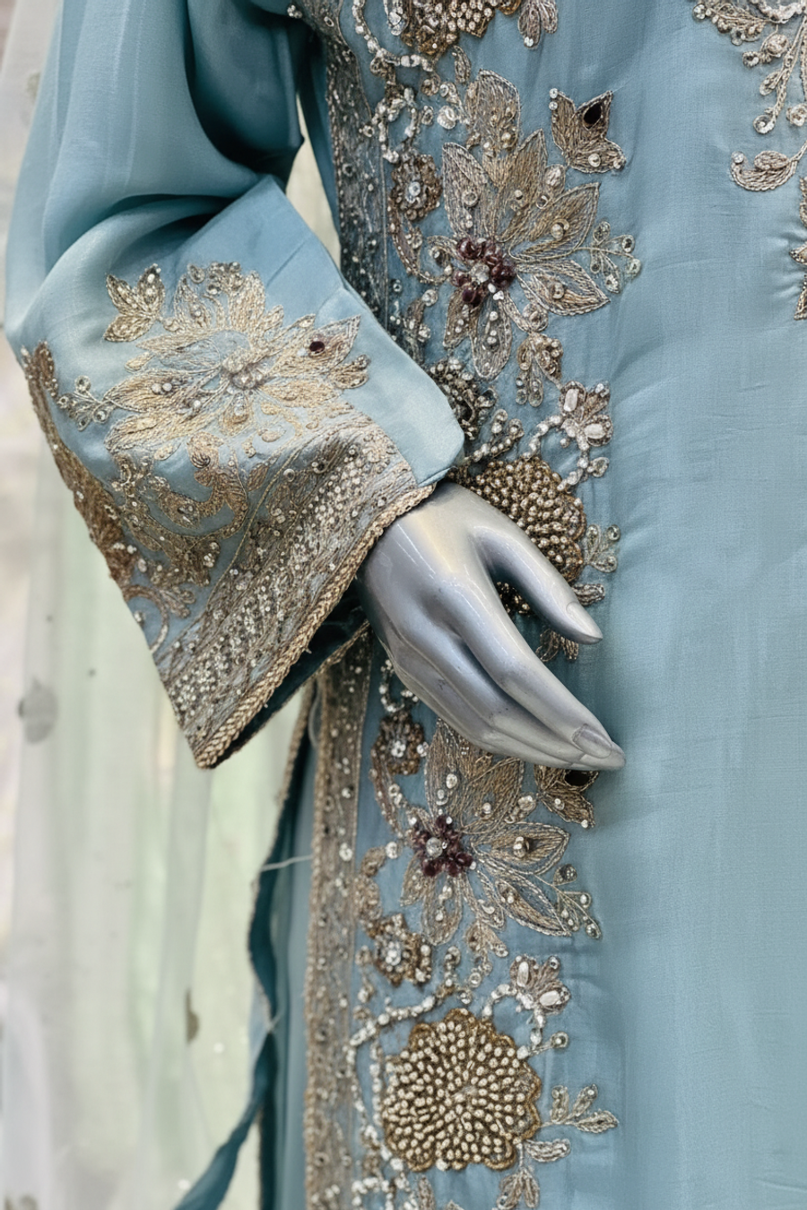 Icy Blue Floral Embroidered | Silver & Champagne-Gold Threadwork | 3-Piece Pakistani Formal Suit | Sheer Ivory Dupatta & Wide-Leg Trousers | Festive Collection — view 4 — Bridal by Bawany Threads & Style