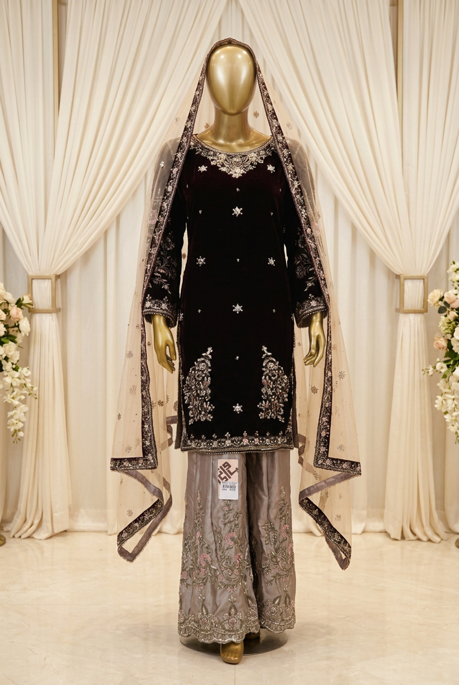 Deep Burgundy Wine Bloom | Silver Floral Embroidery | Pakistani Formal Kameez Ensemble | Taupe Flared Trousers & Ivory Dupatta | BAWANY Collection — view 4 — Formals by Bawany Threads & Style