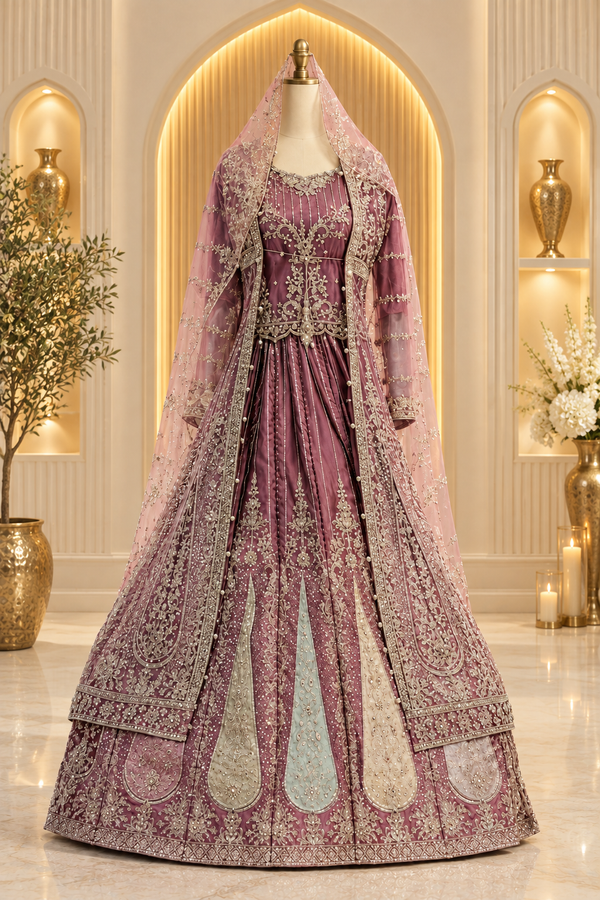 Plum Mauve Formal Gown | Silver-Gold Floral & Paisley Embroidery | 3 Piece Pakistani Formal Maxi | Mint & Ivory Teardrop Panels | Formal Collection — Formals by Bawany Threads & Style