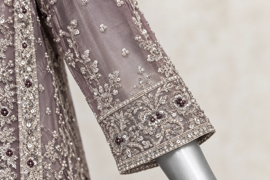 Smoky Mauve Grey Wine Rose Ensemble | Metallic Floral Embroidery & Dark Floral Accents | Open-Front Layered Dress | Burgundy Veil & Pearl-Handled Potli | BAWANY Threads & Style — view 2 — Bridal by Bawany Threads & Style