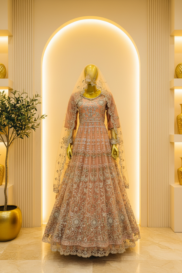 Dusty Rose Silver Embroidered Bridal Anarkali | Pearl & Crystal Work with Veil — Bridal by Bawany Threads & Style