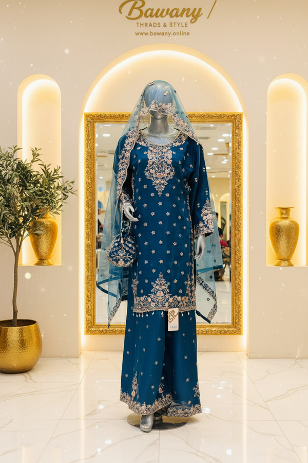 Peacock Teal Bridal Palazzo Set | V-Neckline Silver Zardozi Panel & Pink Blush Florals & 4-Petal Star Motifs | 3-Piece Pakistani Formal Wear | Deep Teal Georgette Kurti & Palazzo | Pearl Tassel Borders | Sky Blue Dupatta & Teal Potli Bag | Walima & Formal Collection — Formals by Bawany Threads & Style