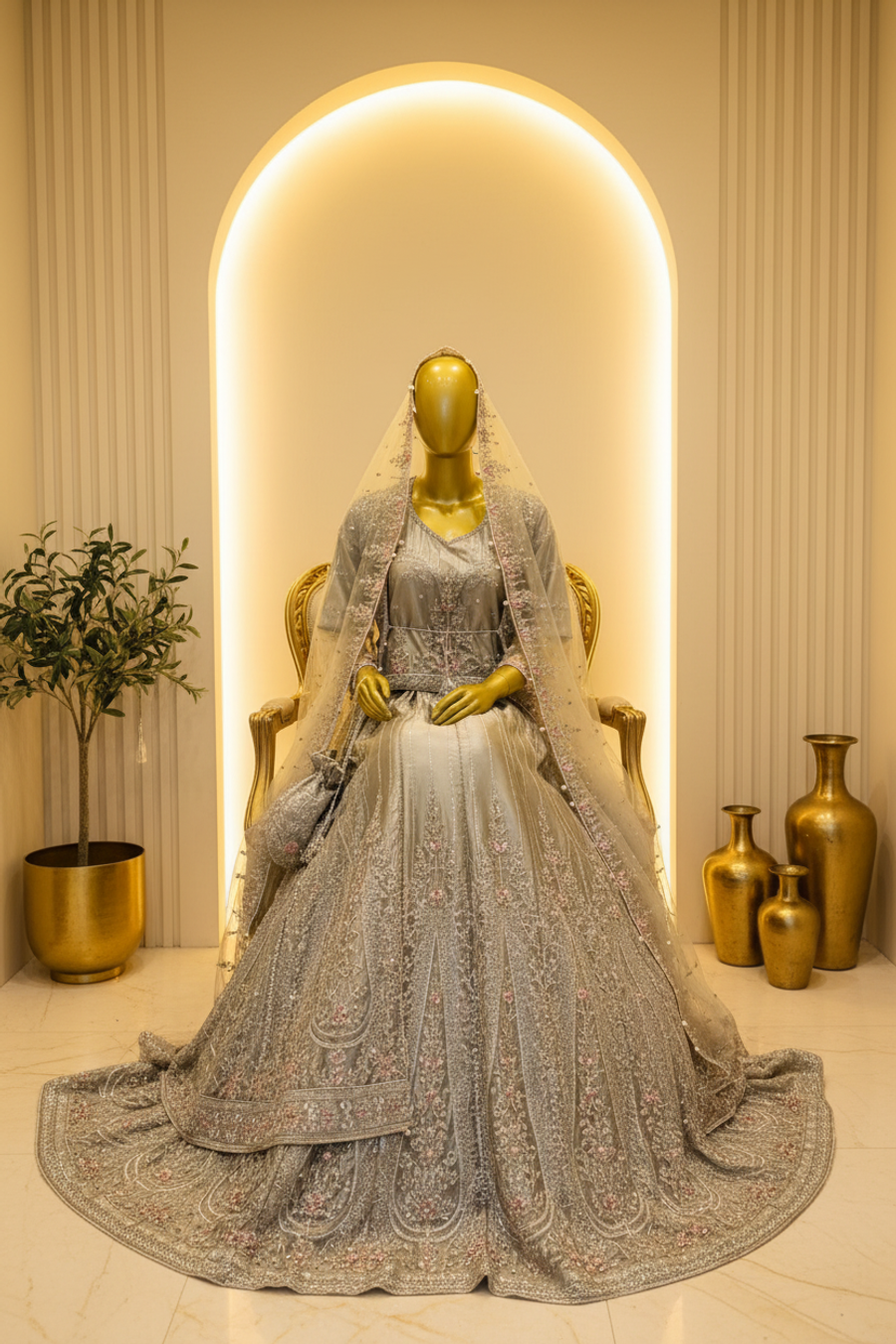 Silver Grey Heavy Embroidered Bridal Lehenga Set | Pink Rose Accents & Champagne Veil — view 3 — Formals by Bawany Threads & Style