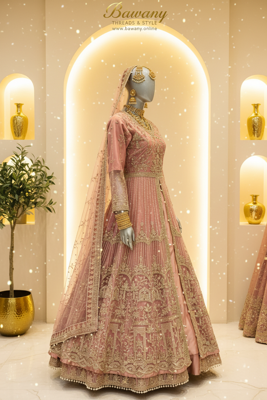 Dusty Rose Open Front Anarkali Gown | Gold Zardozi Arch Motifs & Pearl Button Belt | 3-Piece Pakistani Bridal Suit | Antique Pink Formal Wear | Barat & Walima Collection — view 3 — Net by Bawany Threads & Style