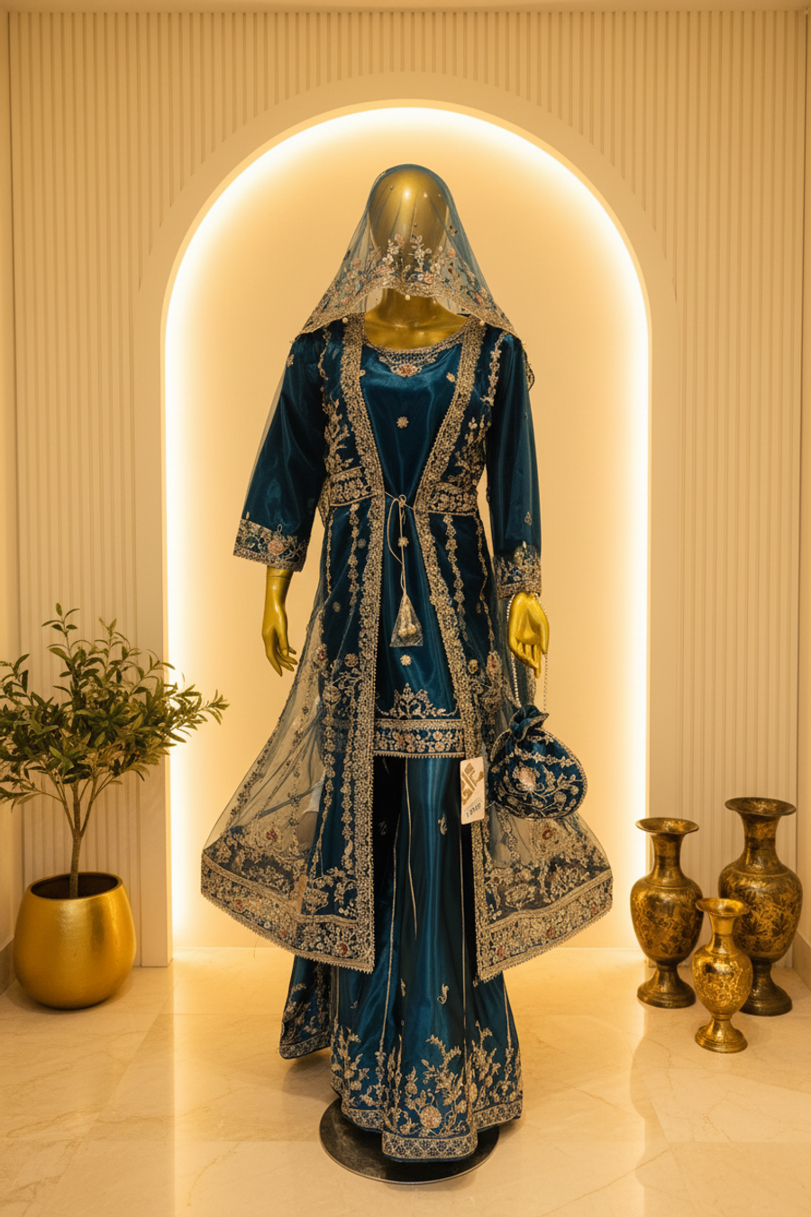 Teal Blue Silk Gold Zardozi Gharara Set | Bridal Gharara with Dupatta & Potli Bag — view 2 — Bridal by Bawany Threads & Style