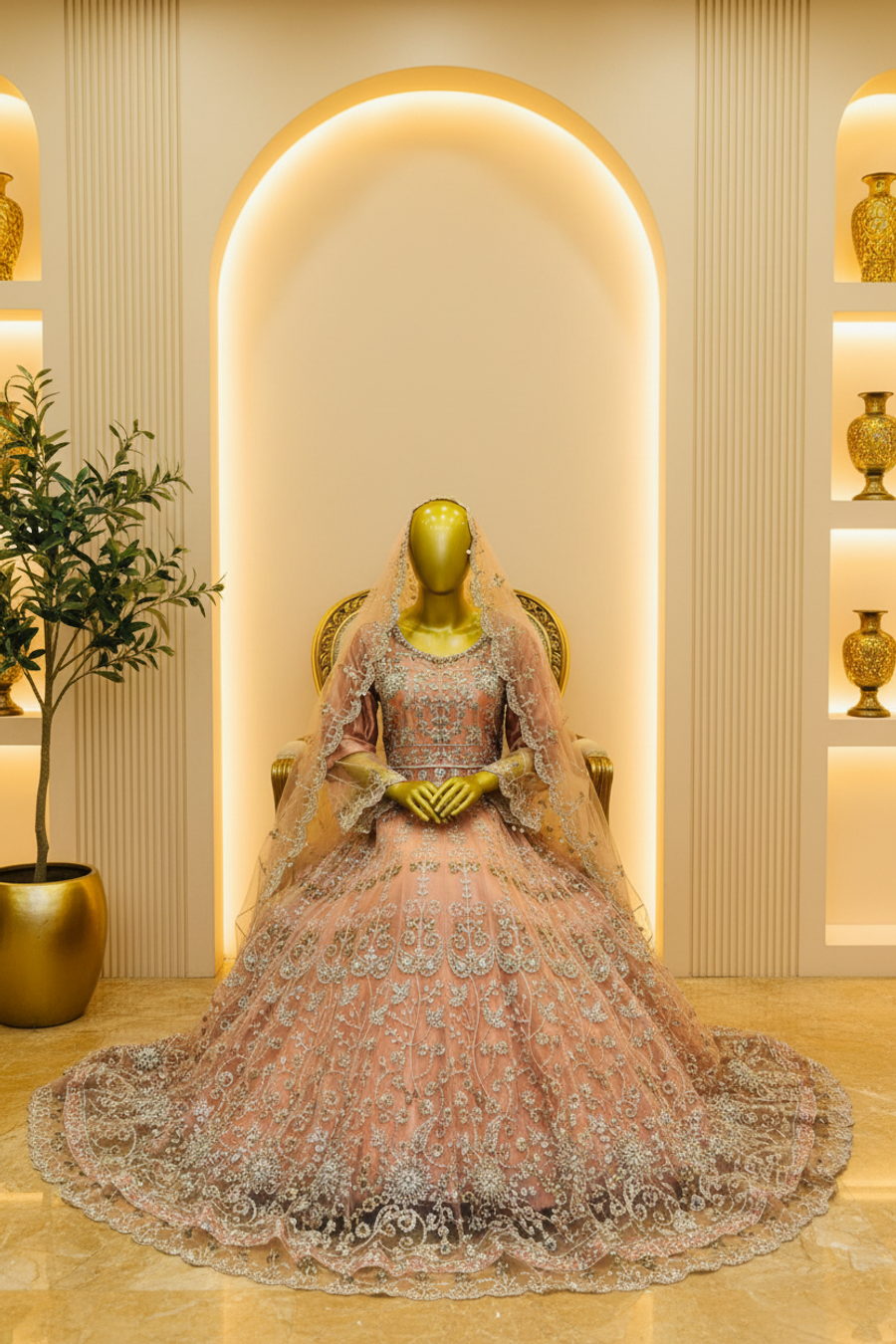 Dusty Rose Silver Embroidered Bridal Anarkali | Pearl & Crystal Work with Veil — view 3 — Bridal by Bawany Threads & Style
