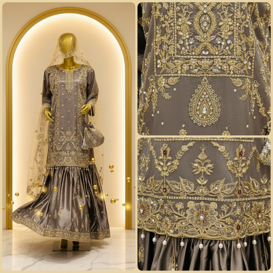 Steel Grey Silk Gharara Set | Gold Zardozi Front Panel & Pearl Tassel Drops — view 4 — Bridal by Bawany Threads & Style