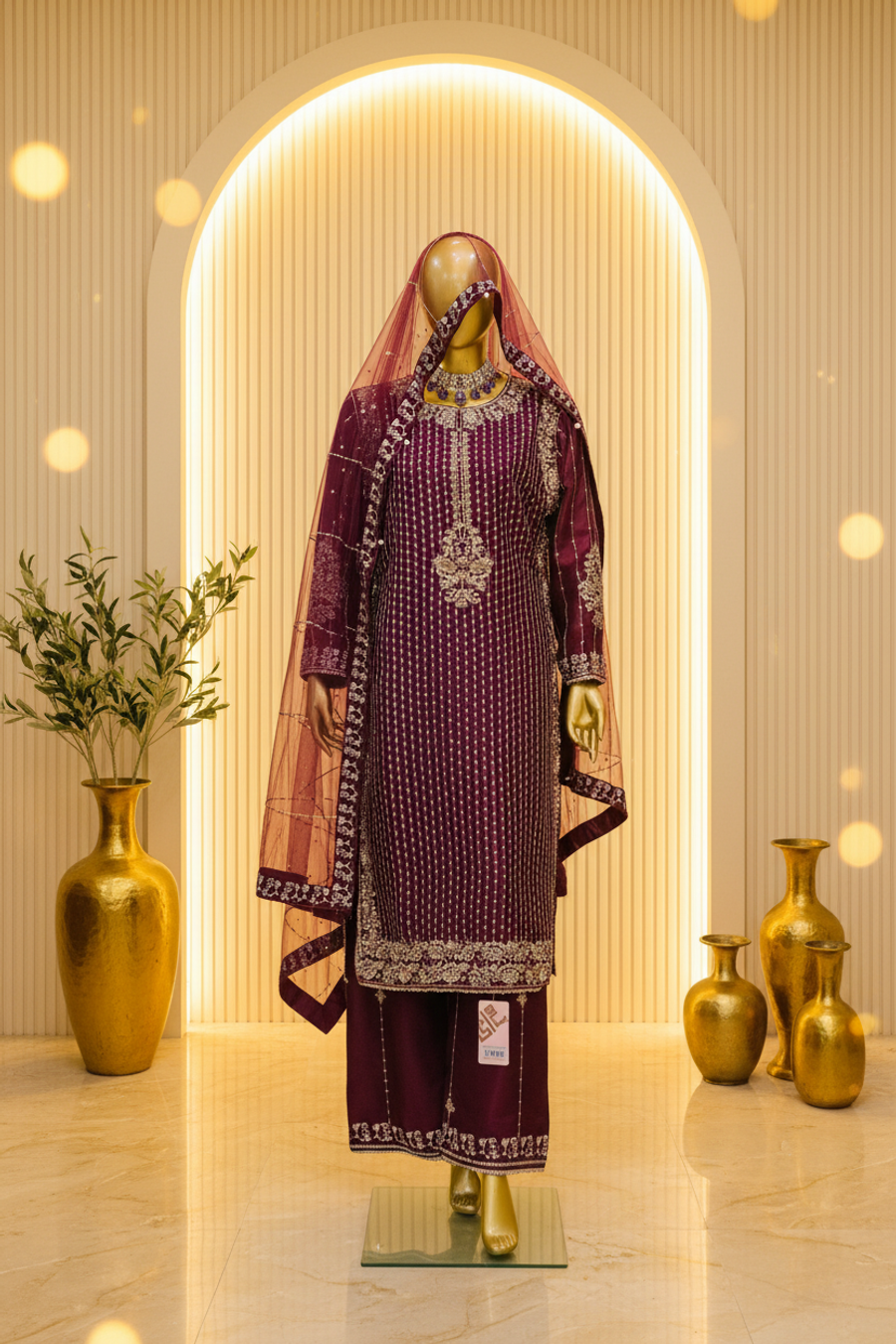 Deep Plum Wine Silk Suit | Silver Sequin Jaal & Gold Embroidery with Pink Dupatta — view 4 — Bridal by Bawany Threads & Style