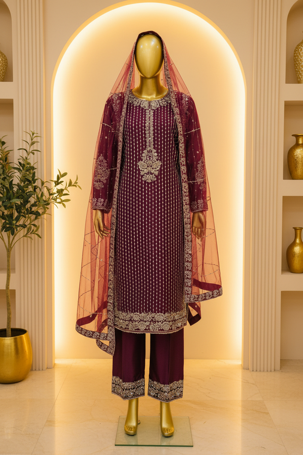 Deep Plum Wine Silk Suit | Silver Sequin Jaal & Gold Embroidery with Pink Dupatta — Bridal by Bawany Threads & Style