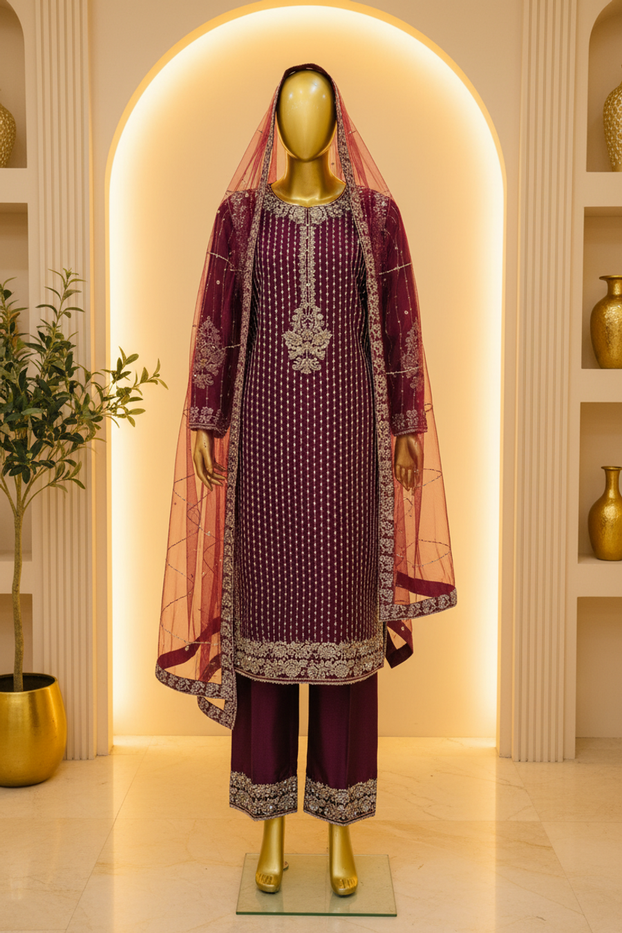Deep Plum Wine Silk Suit | Silver Sequin Jaal & Gold Embroidery with Pink Dupatta — Bridal by Bawany Threads & Style