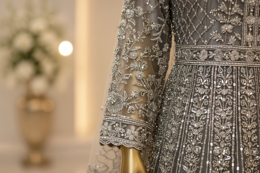 Charcoal Silver Embroidered Dress | Floral & Vertical Panel Work | Pakistani Formal Occasion Wear | Sheer Embroidered Veil | BAWANY Collection — view 3 — Bridal by Bawany Threads & Style