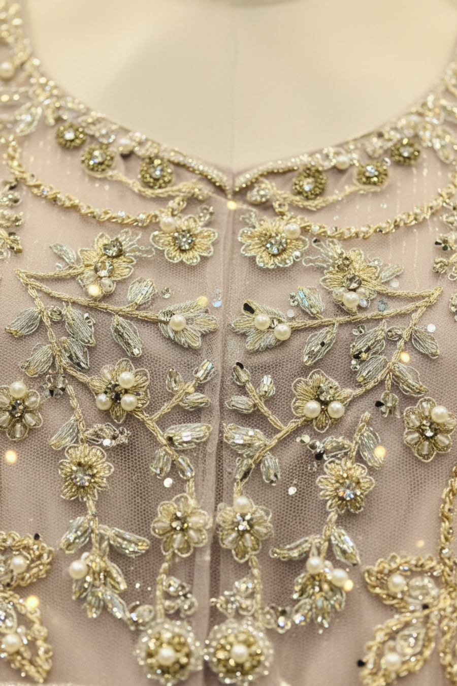 Lavender Lilac Net Anarkali Gown | Silver Gold Floral Vine Embroidery with Veil — view 4 — Bridal by Bawany Threads & Style