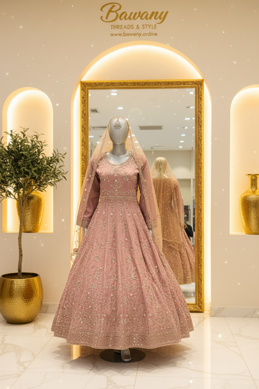 Dusty Rose Bridal Anarkali Gown | Silver Zardozi Star Motifs & Double Border Hem | 2-Piece Pakistani Formal Wear | Mauve Pink Wedding Gown | Walima & Nikah Collection — view 4 — Tissue by Bawany Threads & Style