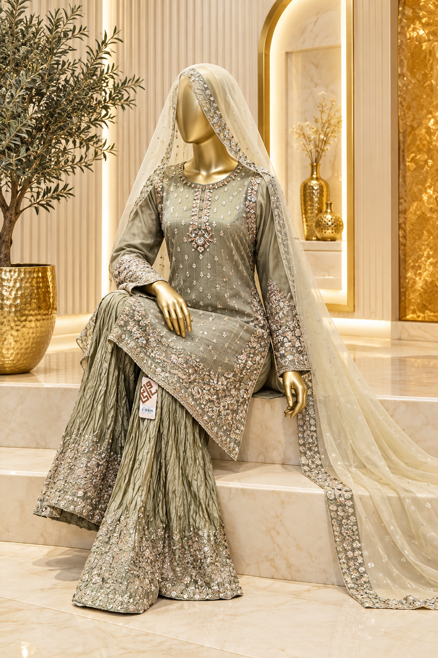 Olive Grey Floral Elegance | Metallic Embroidery & Textured Flared Trousers | Pakistani Formal Kameez Ensemble | Sheer Ivory-Sage Dupatta | BAWANY Collection — view 2 — Formals by Bawany Threads & Style