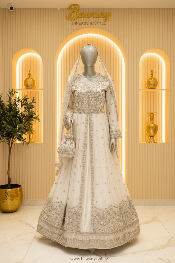 White Bridal Angrakha Lehenga | Dense Silver Zardozi All-Over Bodice & Double Border Hem | 3-Piece Pakistani Formal Wear | Ivory White Wedding Lehenga | Pearl Trim Bell Cuffs | Barat Collection — Formals by Bawany Threads & Style