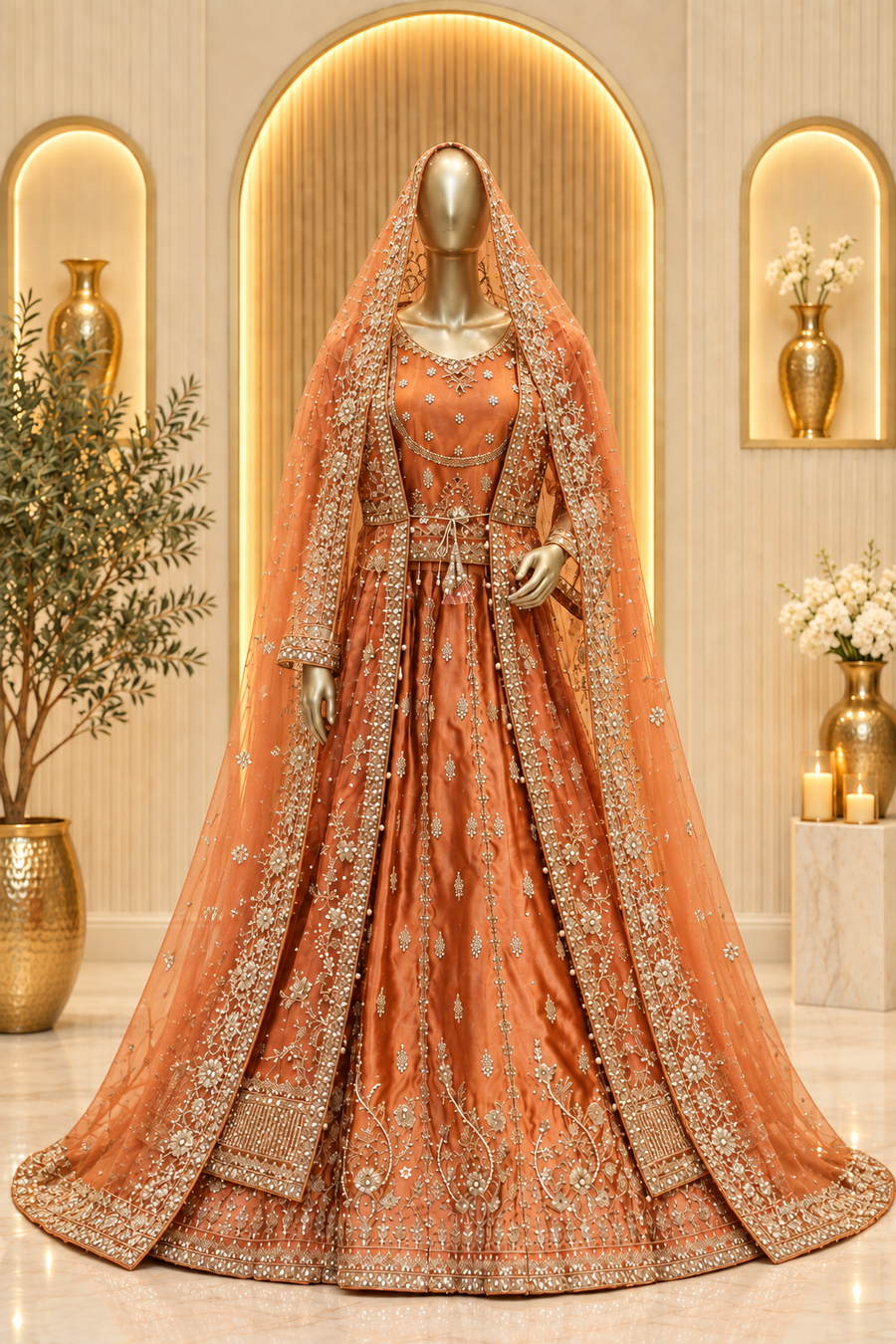 Burnt Copper Bridal Lehenga Set | Gold Embroidered Open-Front Jacket & Pleated Lehenga | Pakistani Wedding Outfit | Sheer Embroidered Dupatta | Bridal Collection — Net by Bawany Threads & Style