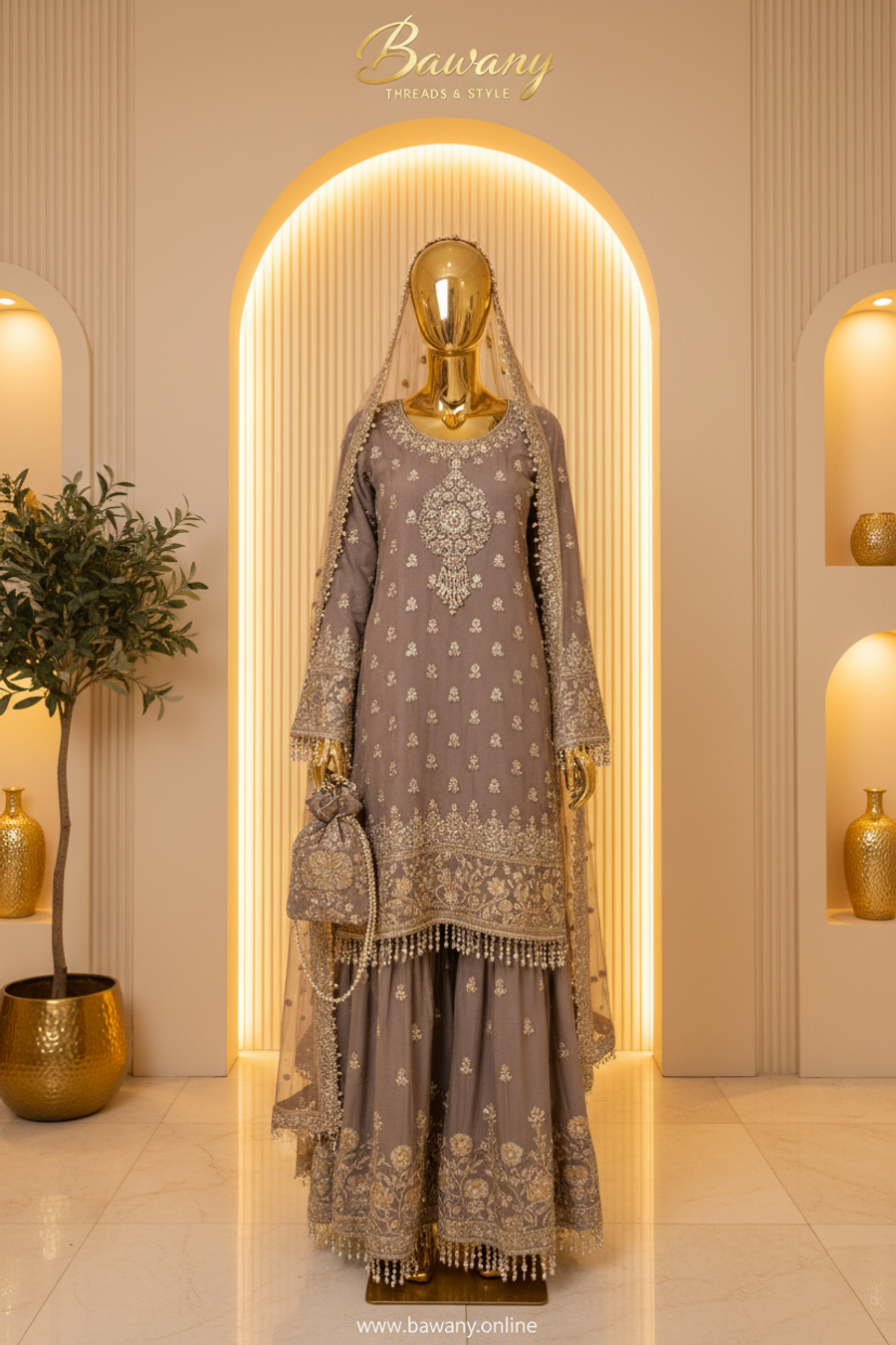 Mink Bridal Gharara Set | Gold Zardozi Rosette Motifs & Pearl Drop Fringe | 3-Piece Pakistani Formal Suit | Taupe Champagne Wedding Wear | Walima & Barat Collection — view 4 — Formals by Bawany Threads & Style