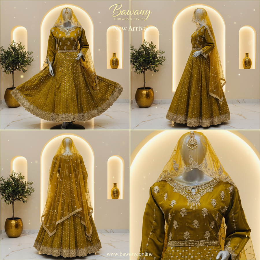 Mustard Yellow Bridal Anarkali Gown | Gold Zardozi Bouquet Motifs & Scalloped Zigzag Hem | 2-Piece Pakistani Formal Wear | Golden Olive Wedding Gown | Mehndi & Walima Collection — view 3 — Organza by Bawany Threads & Style