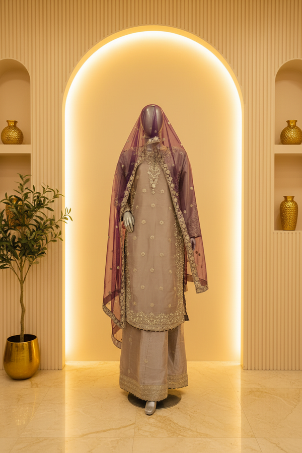 Silver Grey Organza 3-Piece Suit | Silver Crystal Booti & Purple Net Dupatta — Net by Bawany Threads & Style