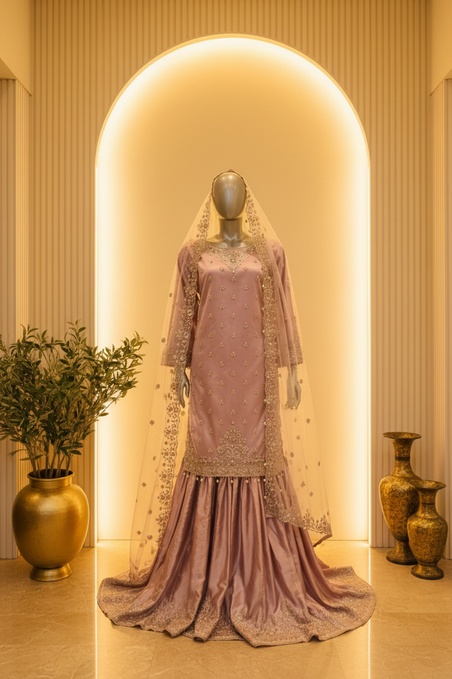 Dusty Lilac Silver Embroidered Bridal Gharara Set | Crystal Booti & Veil — view 3 — Organza by Bawany Threads & Style