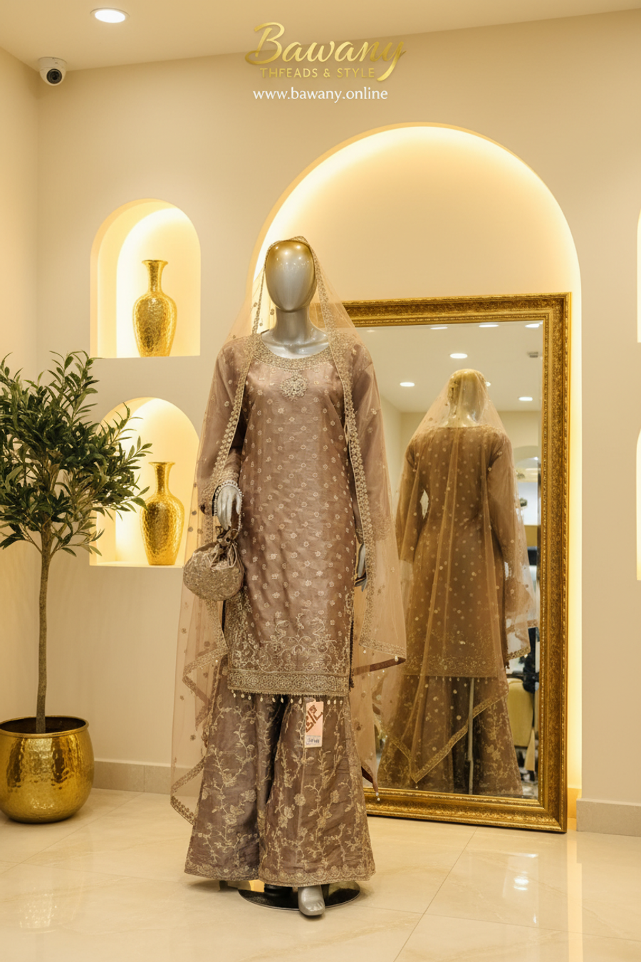 Mink Bridal Gharara Set | Gold Zardozi Rosette Motifs & Pearl Drop Fringe | 3-Piece Pakistani Formal Suit | Taupe Champagne Wedding Wear | Walima & Barat Collection — view 3 — Formals by Bawany Threads & Style