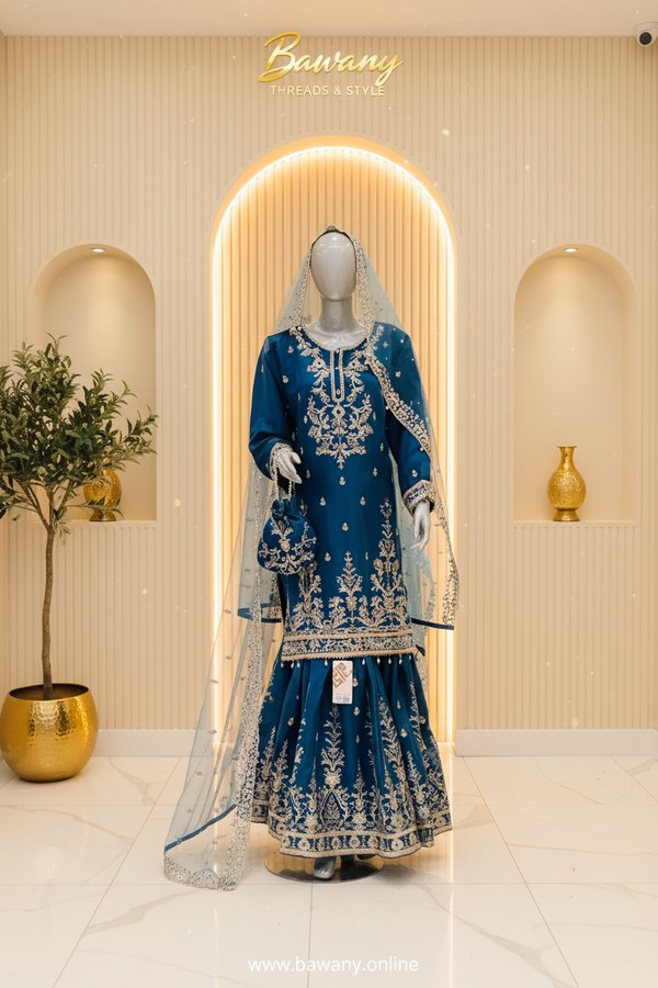 Teal Blue Bridal Sharara Set | Floral Medallion Chest & Floral Vine Panels & Pearl Tassel Hem Borders | 3-Piece Pakistani Bridal Wear | Peacock Blue Wedding Sharara | Powder Blue Dupatta | U-Placket Zardozi | Walima & Barat Collection — Tissue by Bawany Threads & Style
