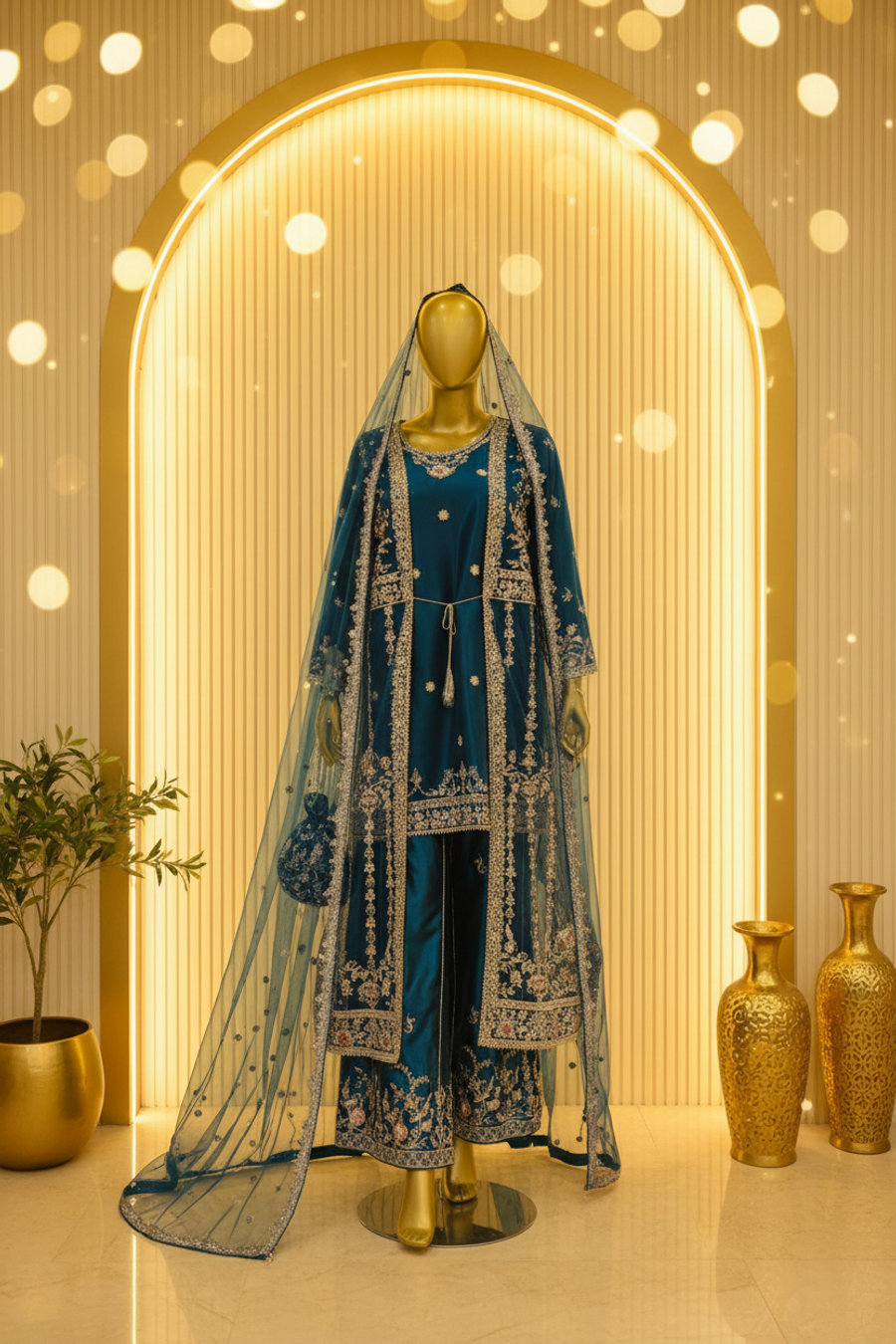 Teal Blue Velvet Gharara Set | Embroidered Net Shrug with Veil & Potli Bag — view 4 — Bridal by Bawany Threads & Style