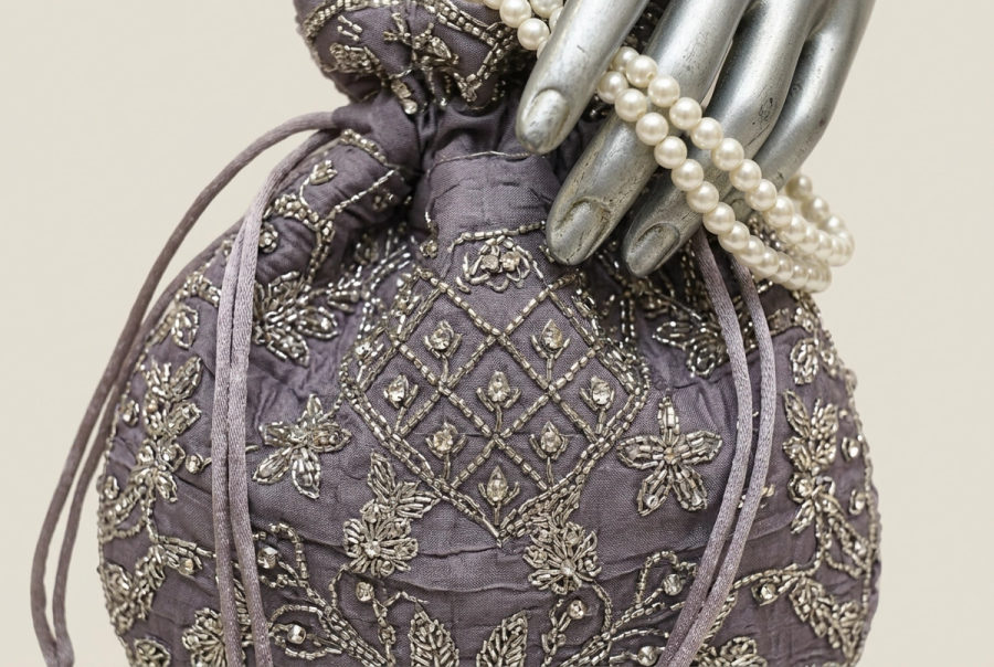 Smoky Violet Silver Majesty Dress | Geometric & Floral Embroidery | Open-Front Layered Flared Outfit | Pale Lilac Veil & Matching Potli | Wedding Edit — view 4 — Tissue by Bawany Threads & Style