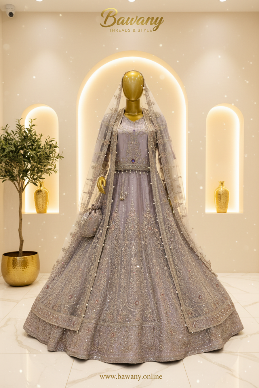 Lavender Grey Bridal Lehenga Set | Open Front Jacket & Dense All-Over Embroidery & Purple Gemstone | 3-Piece Pakistani Bridal Wear | Dusty Lilac Net Lehenga | Pearl Drop Belt & 3D Rosette Appliqués | Off-White Dupatta & Lavender Potli Bag | Barat & Walima Collection — Organza by Bawany Threads & Style