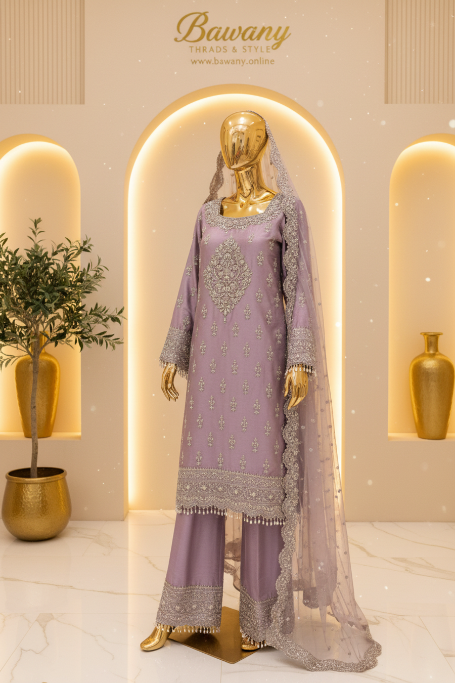 Dusty Lavender Bridal Palazzo Suit | Silver Zardozi Scalloped Collar & Floral Medallion | 3-Piece Pakistani Formal Wear | Mauve Purple Wedding Suit | Walima & Nikah Collection — view 3 — Tissue by Bawany Threads & Style
